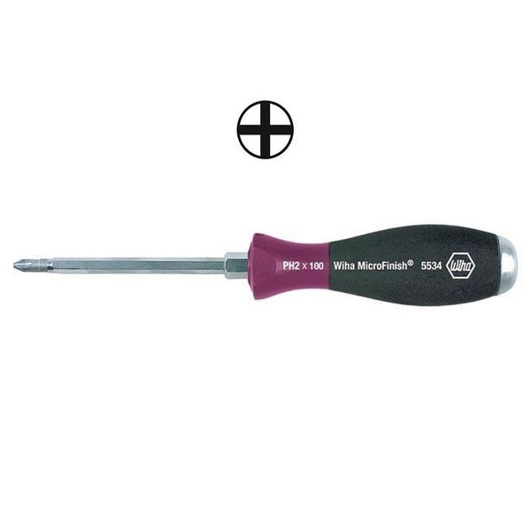 MicroFinish Phillips screwdriver.Hex blade with hex bolster, solid steel cap. 5534MF  PH 2x100 image 1