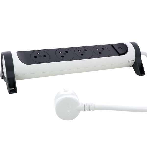 Power strip extension with rotating block of 4 2P+E Surface sockets, switch and cord length 1.5m - white and dark gray image 1