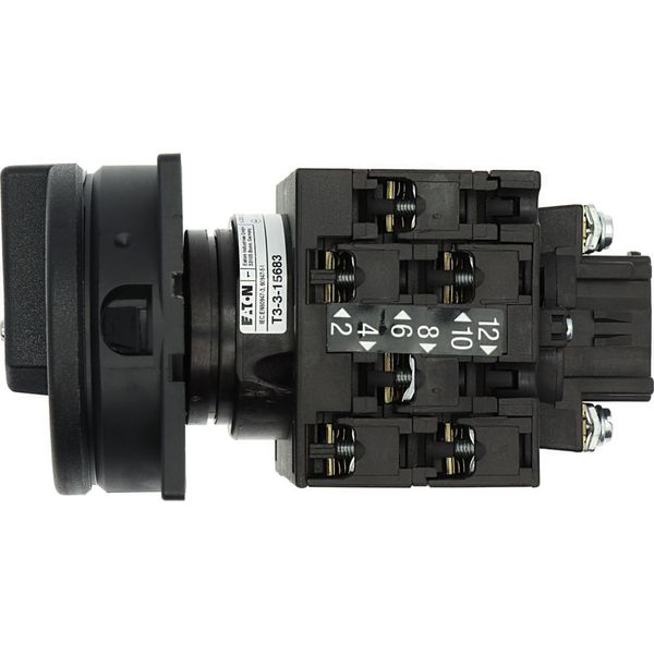 Main switch, T3, 32 A, flush mounting, 3 contact unit(s), 3 pole, 2 N/O, 1 N/C, STOP function, With black rotary handle and locking ring, Lockable in image 40