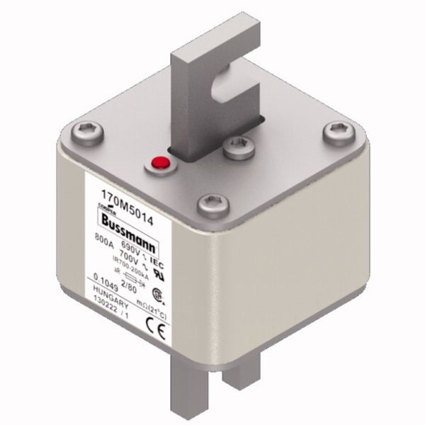 Fuse-link, high speed, 800 A, AC 690 V, DIN 2, 61 x 61 x 108 mm, aR, DIN, IEC, single indicator, 80 mm centres image 2