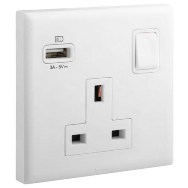 Eloe - 1 gang British Standard 13A single pole switched socket + USB A - White image 1