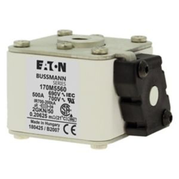 Fuse-link, high speed, 500 A, AC 690 V, size 2, 61 x 77 x 51 mm, aR, IEC, UL, type K indicator, flush end, 16 UNC image 16