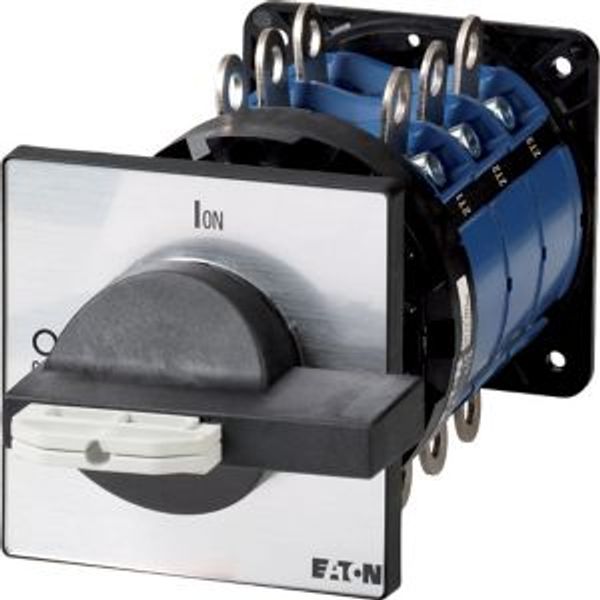 Main switch, T8, 315 A, rear mounting, 3 contact unit(s), 6 pole, 1 N/O, 1 N/C, STOP function, With black rotary handle and locking ring, Lockable in image 2