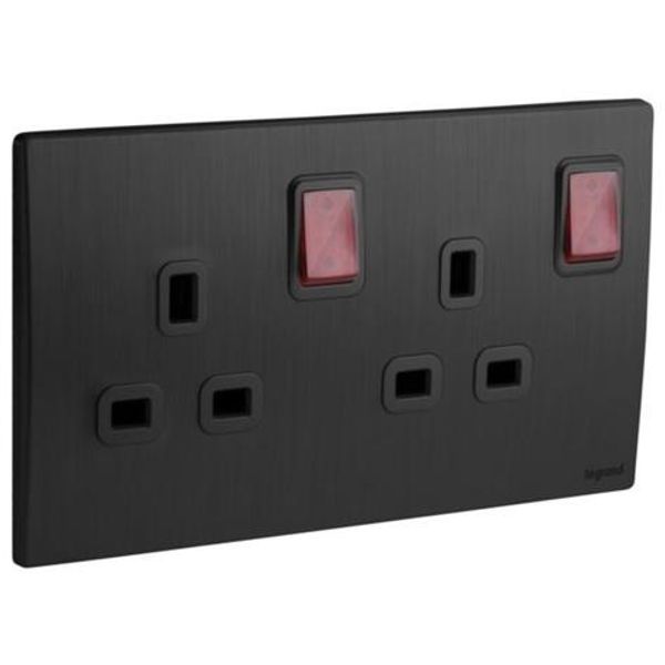 Mallia Senses - 2 gang BS switched socket outlet double pole - with LED - 13A - Brushed Black image 1