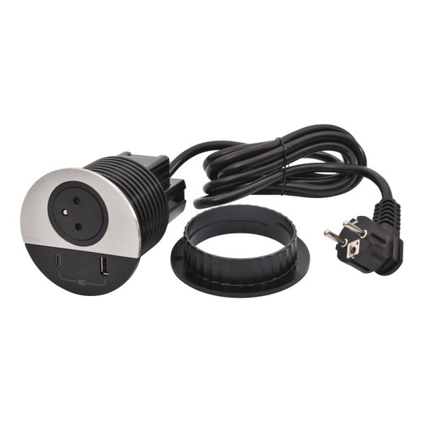 Incara Disq80 with 1 F/B socket, 1 USB A+C 15W and 1 2m cord with plug - metal image 1