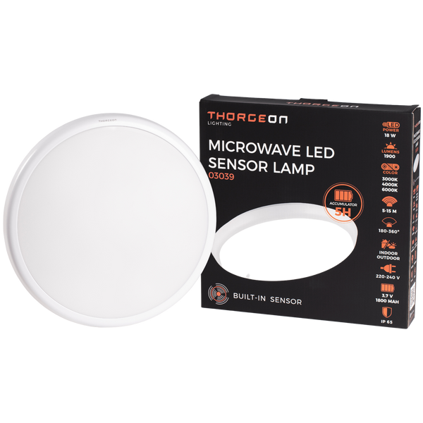 SLIM Circular Microwave Sensor LED Lamp 18W 3000K/4000K/6000K 1900Lm 5-15m IP65 IK10 5H-Accumulator THORGEON image 1
