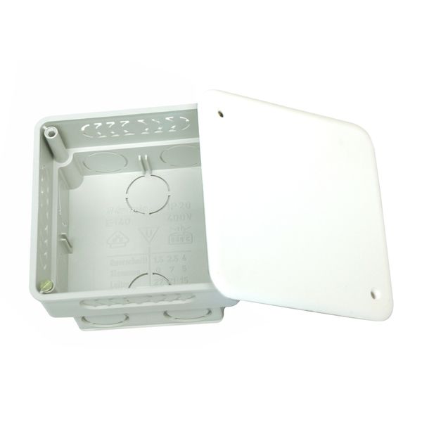 Flush junction box 80x80xd50mm, break out opening, cover wt image 1