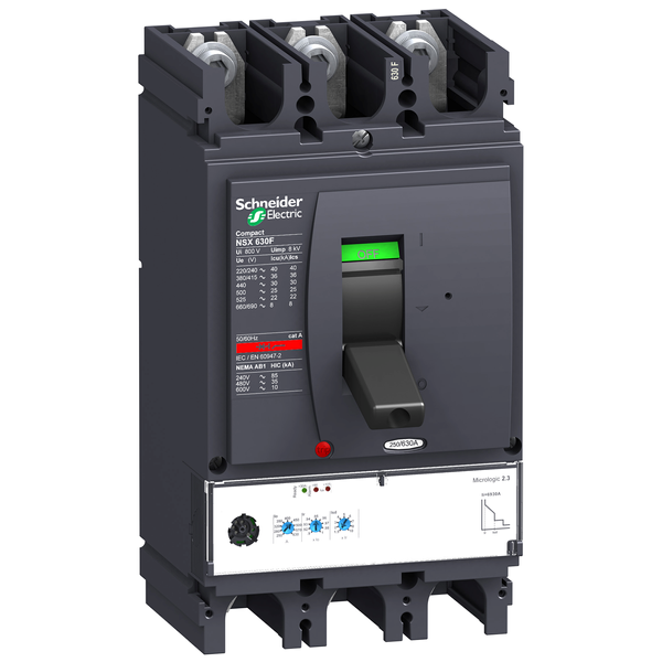 circuit breaker ComPact NSX630F, 36 kA at 415 VAC, MicroLogic 2.3 trip unit 630 A, 3 poles 3d image 4