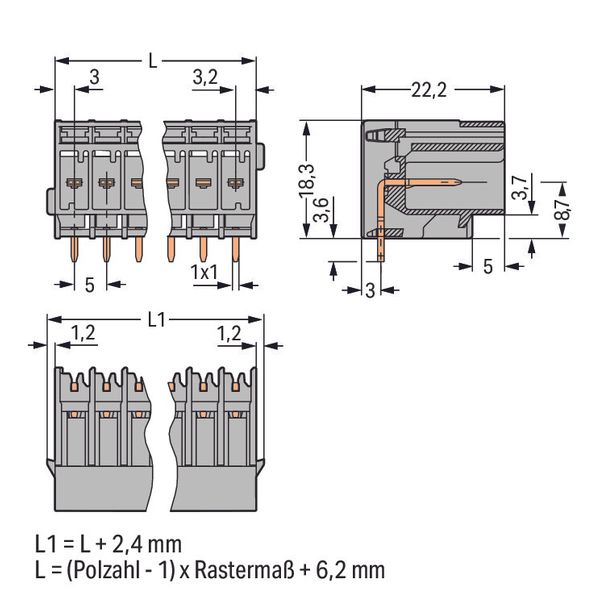 THT male header 1.0 x 1.0 mm solder pin angled gray image 1