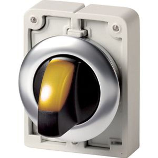 Illuminated selector switch actuator, RMQ-Titan, with thumb-grip, momentary, 3 positions, yellow, Front ring stainless steel image 2