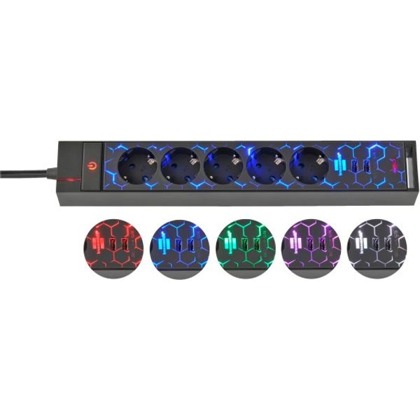Gaming extension lead GSL 05 5-fold with 2 USB charging function 1.5m H05VV-F3G1.5 image 1