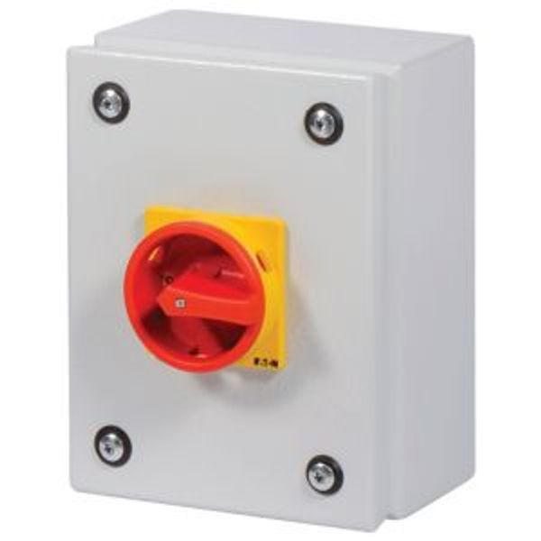 Main switch, P1, 25 A, surface mounting, 3 pole + N, Emergency switching off function, With red rotary handle and yellow locking ring, Lockable in the image 5