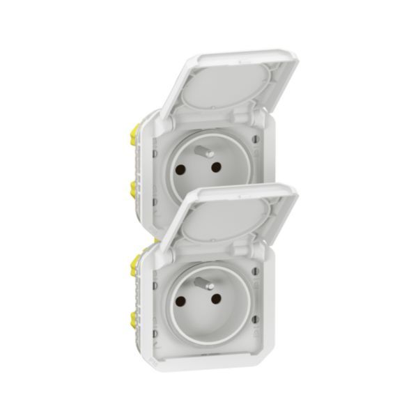 Double vertical pre-wired power socket Plexo std Franco-Belgian 16A 250V - Complete surface mounted - white - IP55 - IK08 image 1