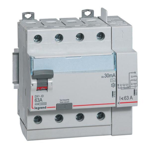 Differential switch DX³-ID screw top inlet and automatic top outlet - 4P 400V~ 63A typeAC 30mA - 5 modules image 1