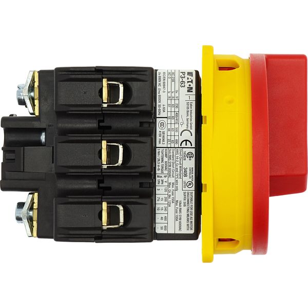 Main switch, P3, 63 A, flush mounting, 3 pole, Emergency switching off function, With red rotary handle and yellow locking ring, Lockable in the 0 (Of image 24