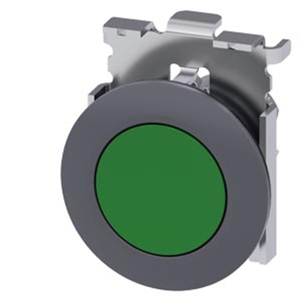 Pushbutton, 30 mm, round, Metal, matte, green, front ring for flush installat... image 1