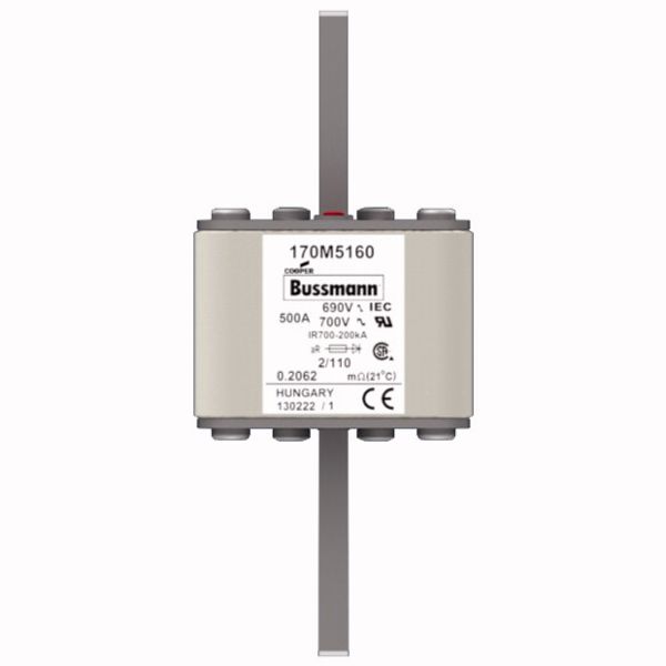 Fuse-link, high speed, 500 A, AC 690 V, DIN 2, 61 x 61 x 108 mm, aR, DIN, IEC, single indicator, 110 mm centres image 1