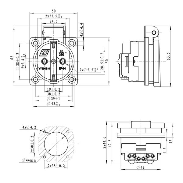 Schuko panel mounting socket, 16A, IP44, screwless terminals image 5