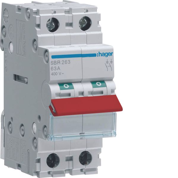 2-pole, 63A Modular Switch with Red Toggle image 1
