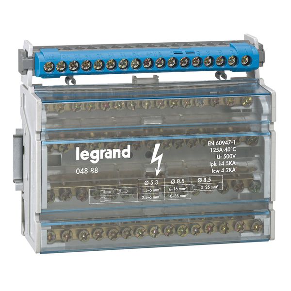 IP 2X terminal block - neutral (blue) - 1 x 6 to 25² - 16 x 1.5 to 16² -L 141 mm image 2