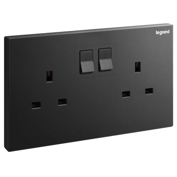 Galion - 2 gangs British Standard switched single pole socket outlet with power indicator - 13A - Matt Black image 1