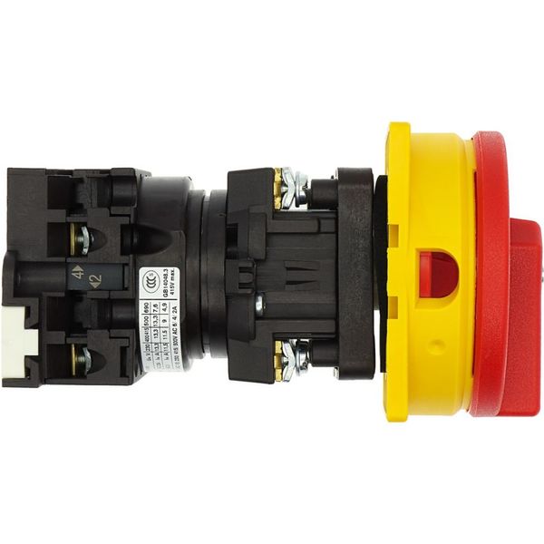 Main switch, T0, 20 A, rear mounting, 1 contact unit(s), 2 pole, Emergency switching off function, With red rotary handle and yellow locking ring, Loc image 33