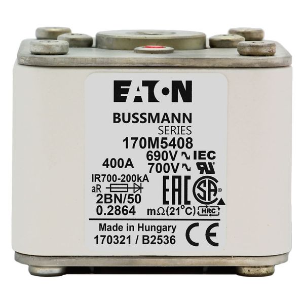 Fuse-link, high speed, 400 A, AC 690 V, size 2, 61 x 77 x 51 mm, aR, IEC, UL, single indicator, flush end, M10 image 2