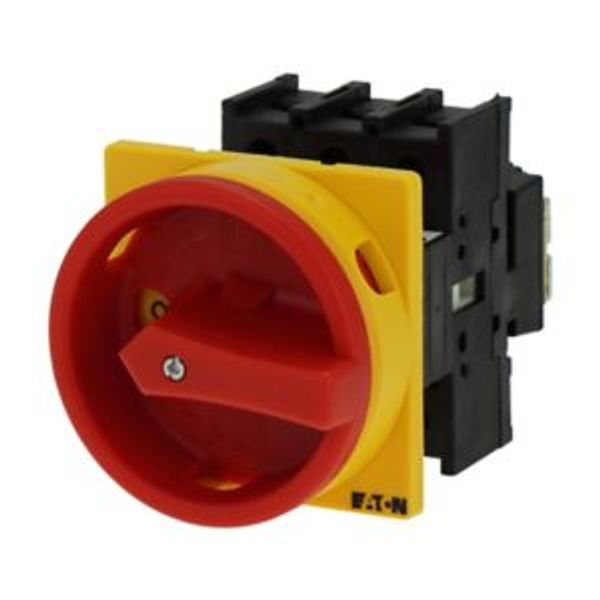 Main switch, P1, 40 A, flush mounting, 3 pole, Emergency switching off function, With red rotary handle and yellow locking ring, Lockable in the 0 (Of image 4