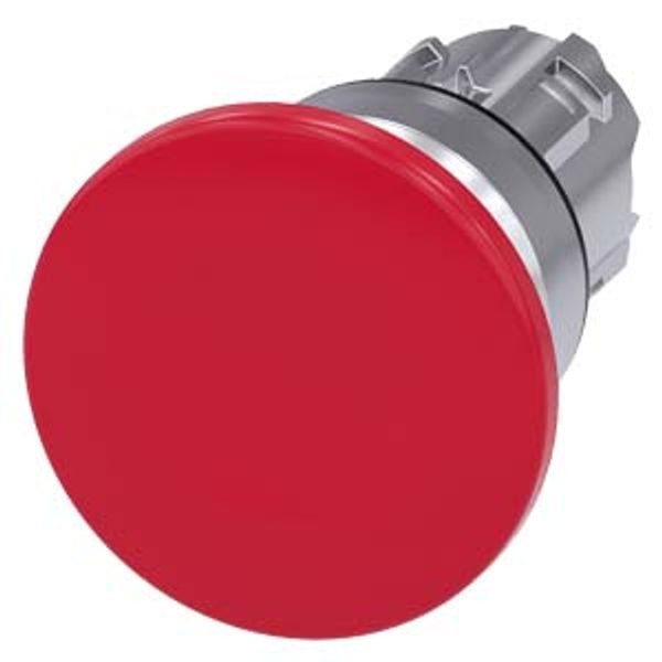 Mushroom pushbutton, 22 mm, round, metal, shiny, red, 40 mm, momentary contact type, with laser labeling, inscription or symbol Customer-specific selection with SIRIUS image 1