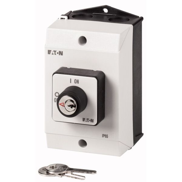 ON-OFF switches, T0, 20 A, surface mounting, 2 pole, with black thumb grip and front plate, Key operated lock mechanism S-T0 image 1