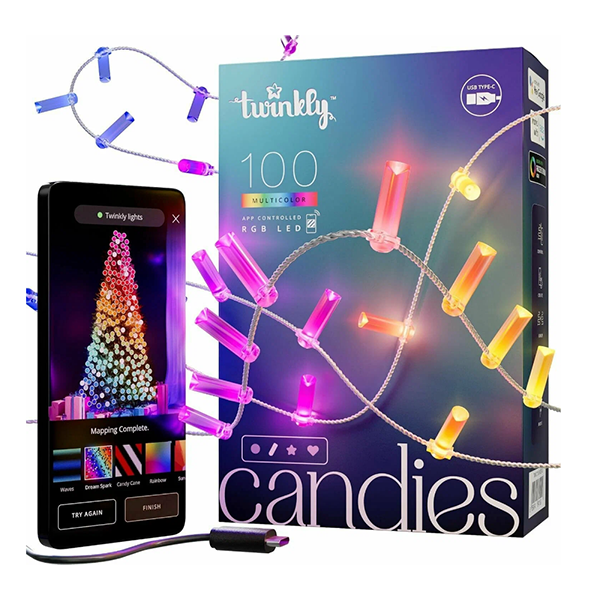 Twinkly Candies – 100 Candle-shaped RGB LEDs, Clear Wire, USB-C image 1