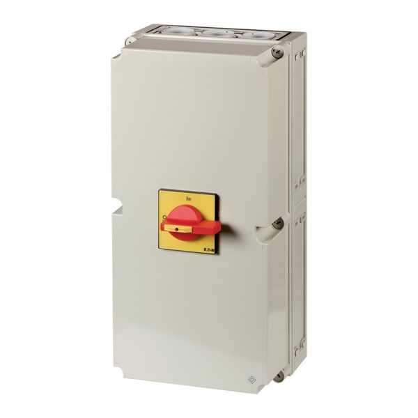 Main switch, T8, 315 A, surface mounting, 3 contact unit(s), 6 pole, 1 N/O, 1 N/C, Emergency switching off function, With red rotary handle and yellow image 5