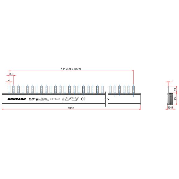 Busbar Pin Version L1,L2,L3, Pin 4mm, 16mmý MW=9mm, 1m image 3