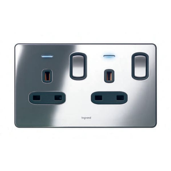 Synergy Sleek 2 gang switched single pole BS socket outlet 13A + blue led power indicator Polished Stainless steel image 1