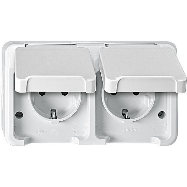 SCHUKO double socket, arranged horizontally with contact protection, polar white, AQUASTAR image 1