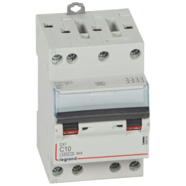 Circuit breaker DX³4500 6kA high inlet and low outlet via screw terminal - four-pole 400V~ 10A curve C - 3 modules image 1