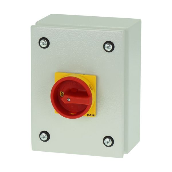 Main switch, P1, 40 A, surface mounting, 3 pole, Emergency switching off function, With red rotary handle and yellow locking ring, Lockable in the 0 ( image 6