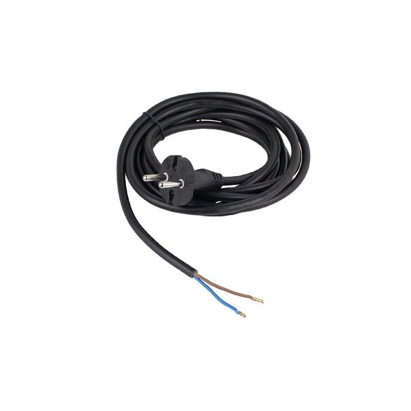'Cord for class II electric tools  3m H05VV-F 2x1,0  black  (for indoor use only)' 1st site:  plug 2nd site: 50mm stripped sheath with crimped metal sleeves on conductor ends in polybg with label image 1