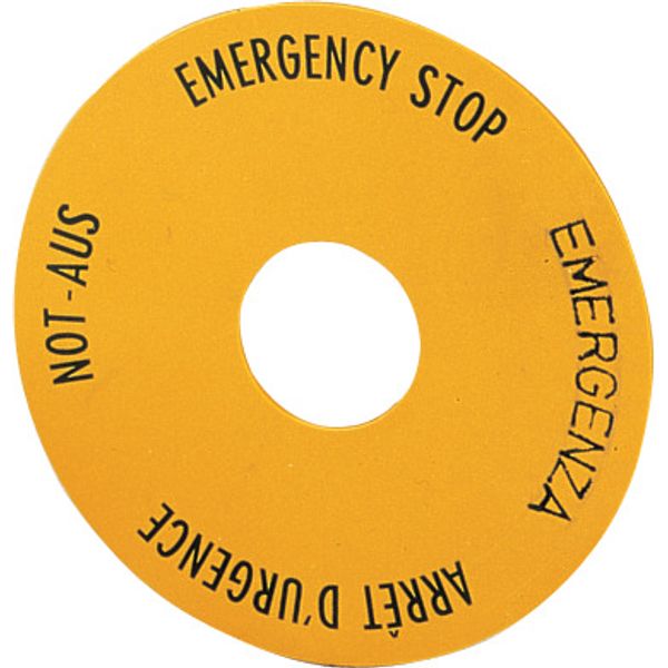Emergency-Stop label, Yellow, black lettering, Round, 60 mm, de, en, fr, it, Front dimensions 25 × 25 mm image 1