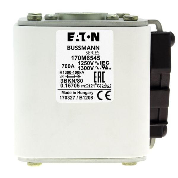 Fuse-link, high speed, 700 A, AC 1250 V, size 3, 76 x 92 x 83 mm, aR, IEC, UL, single indicator image 2