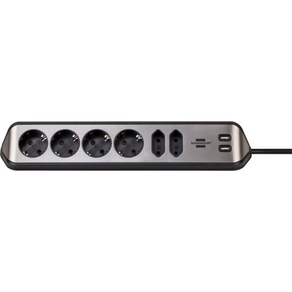 brennenstuhl®estilo corner extension lead with USB charging function 6-way 4x earthed sockets & 2x Euro silver/black image 1