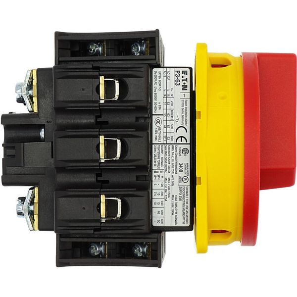 Main switch, P3, 63 A, flush mounting, 3 pole, 2 N/O, 2 N/C, Emergency switching off function, With red rotary handle and yellow locking ring image 39