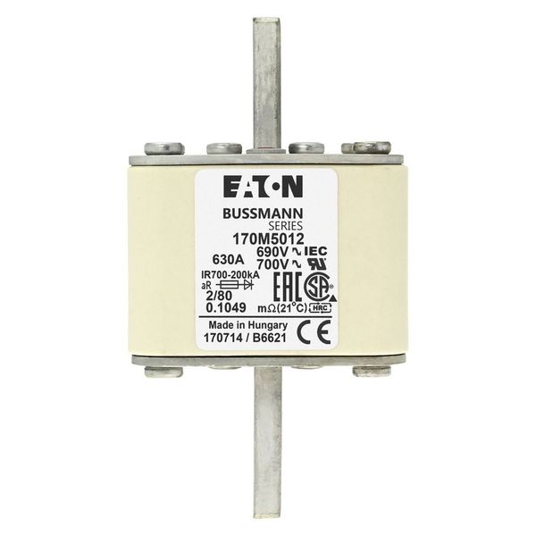 Fuse-link, high speed, 630 A, AC 690 V, DIN 2, 61 x 61 x 108 mm, aR, DIN, IEC, single indicator, 80 mm centres image 6