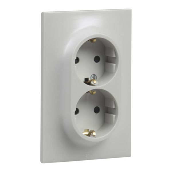 Double socket one post 2P+E schuko with eclips Urbano screw terminals gray finish image 1