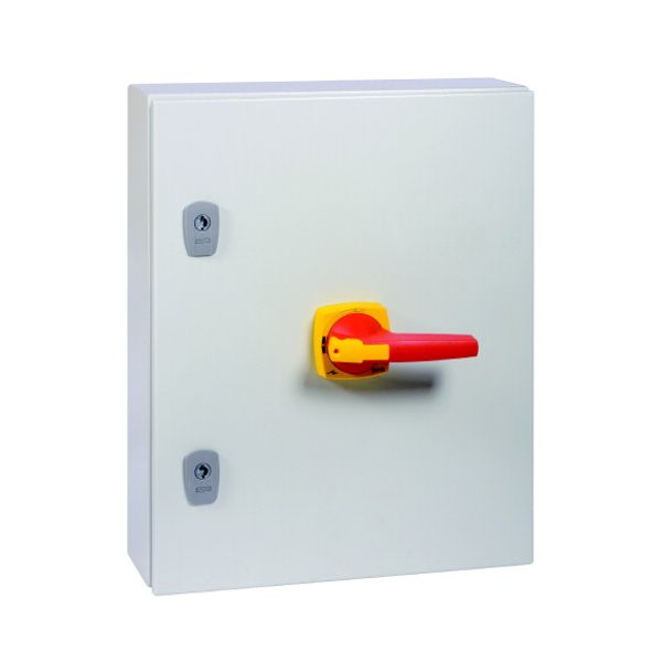 Switch-disconnector, DMV, 160 A, 3 pole, Emergency switching off function, With red rotary handle and yellow locking ring, in steel enclosure, 9 mm co image 3