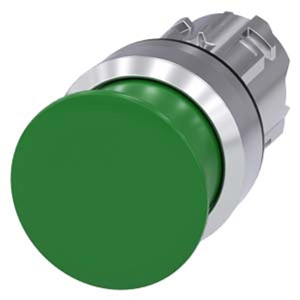 3SU1050-1AD40-0AA0-Z Y15 Mushroom pushbutton, 22 mm, round, metal, shiny, green, 30 mm, momentary contact type, with laser labeling, upper case and lower case, always upper image 1