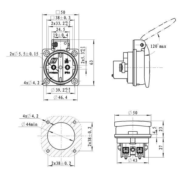 Schuko panel mounting socket, 16A, IP54, screw terminals image 4