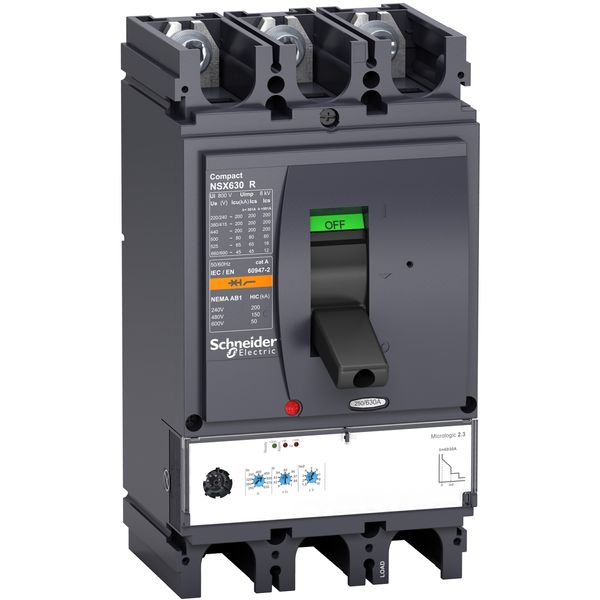 circuit breaker ComPact NSX630R, 200 kA at 415 VAC, MicroLogic 2.3 trip unit, 630 A, 3 poles 3d image 2