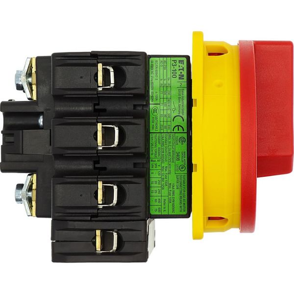 Main switch, P3, 100 A, flush mounting, 3 pole + N, Emergency switching off function, With red rotary handle and yellow locking ring, Lockable in the image 39