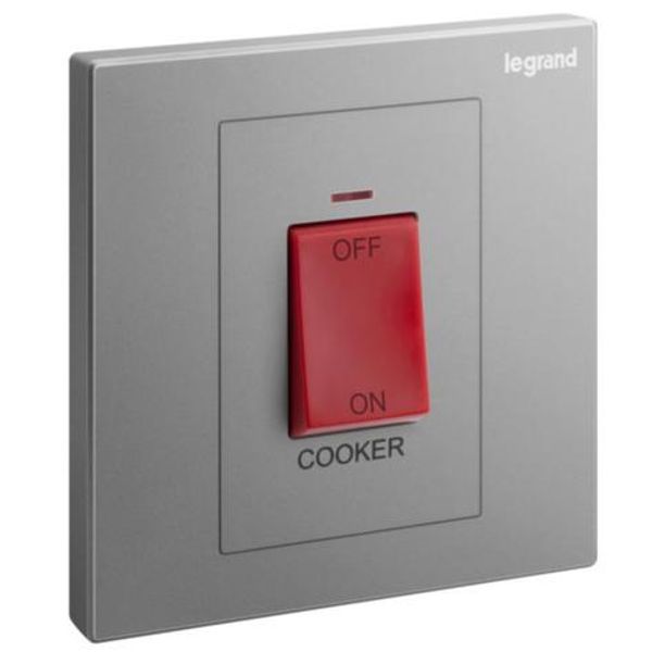 Galion - 1 gang double pole 45A switch with cooker marking, red indicator and red rocker - Dark Silver image 1